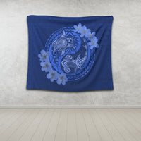 Hawaii Yin Yang Turtle Shark Hibiscus Plumeria Tapestry - Blue - AH - Polynesian Pride