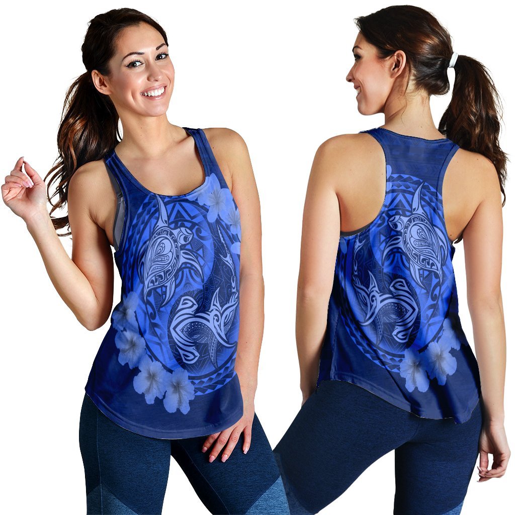 Hawaii Yin Yang Turtle Shark Hibiscus Plumeria Racerback Tank - Blue - AH Black - Polynesian Pride