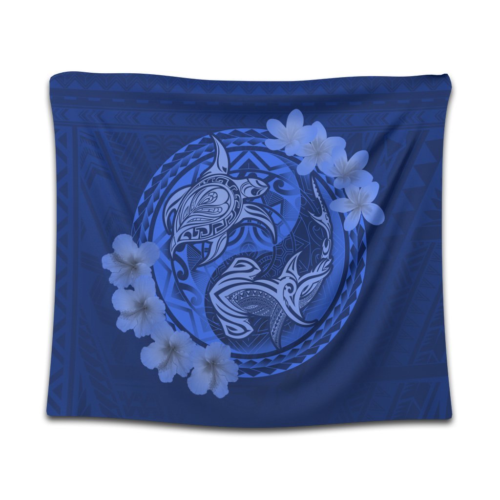 Hawaii Yin Yang Turtle Shark Hibiscus Plumeria Tapestry - Blue - AH Wall Tapestry Black - Polynesian Pride