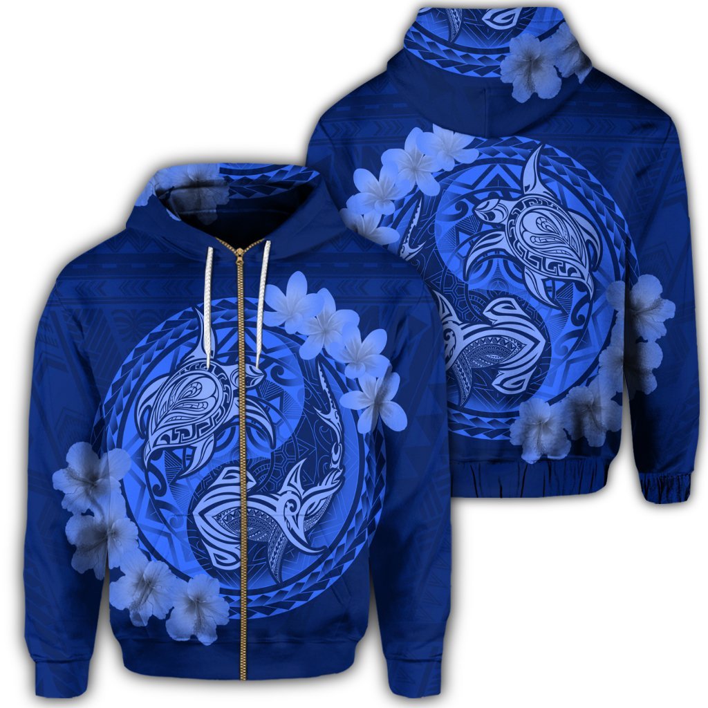 Hawaii Yin Yang Turtle Shark Hibiscus Plumeria Zip Hoodie Blue Unisex Art - Polynesian Pride