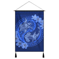 Hawaii Yin Yang Turtle Shark Hibiscus Plumeria Hanging Poster - Blue - AH Hanging Poster Cotton And Linen - Polynesian Pride