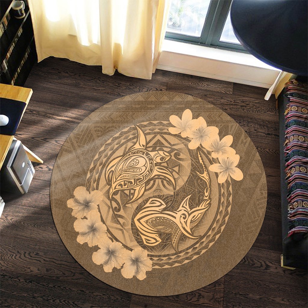 Hawaii Yin Yang Turtle Shark Hibiscus Plumeria Round Carpet - Gold - AH - Polynesian Pride