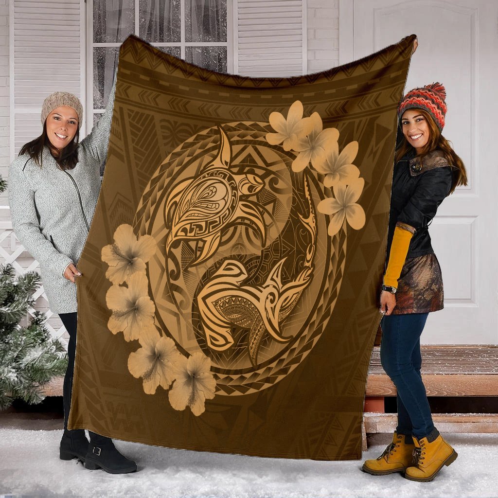 Hawaii Yin Yang Turtle Shark Hibiscus Plumeria Premium Blankets - Gold - AH - Polynesian Pride
