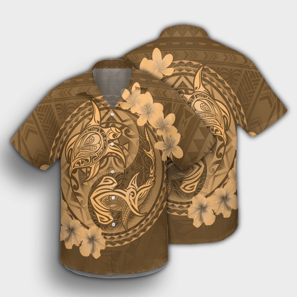 Hawaii Yin Yang Turtle Shark Hibiscus Plumeria Hawaiian Shirt - Gold - AH - Polynesian Pride