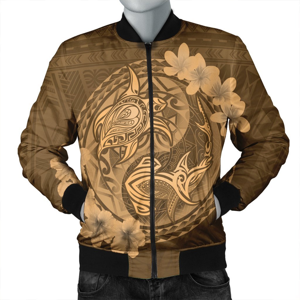 Hawaii Yin Yang Turtle Shark Hibiscus Plumeria Bomber Jacket - Gold - AH Black Unisex - Polynesian Pride
