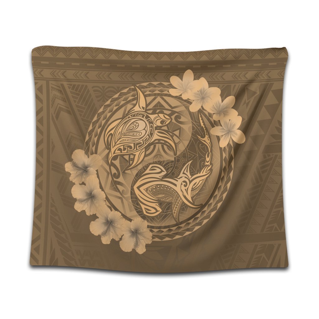 Hawaii Yin Yang Turtle Shark Hibiscus Plumeria Tapestry - Gold - AH Wall Tapestry Black - Polynesian Pride