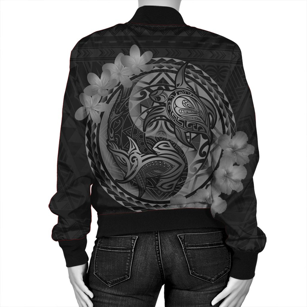 Hawaii Yin Yang Turtle Shark Hibiscus Plumeria Bomber Jacket - Gray - AH - Polynesian Pride