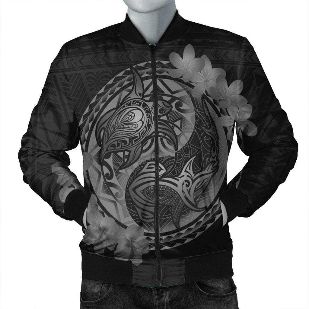 Hawaii Yin Yang Turtle Shark Hibiscus Plumeria Bomber Jacket - Gray - AH Black Unisex - Polynesian Pride