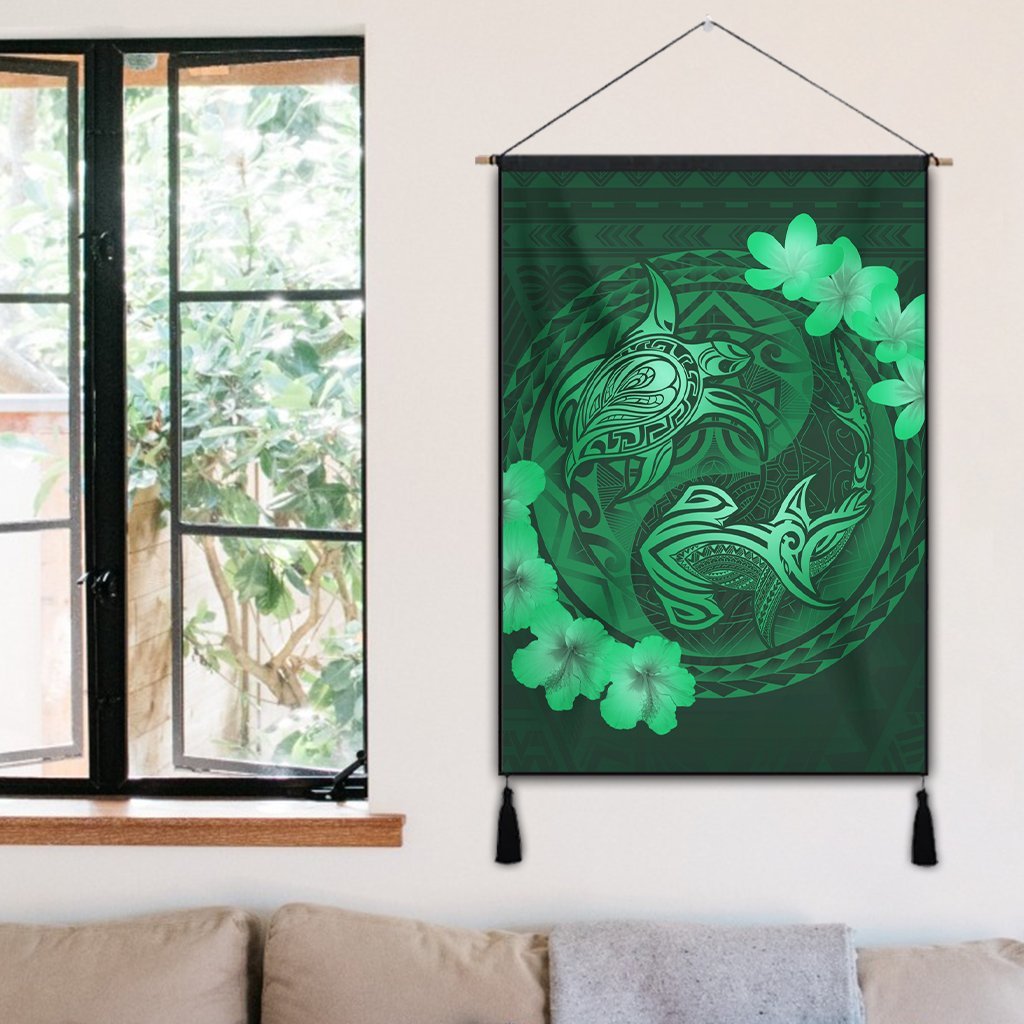 Hawaii Yin Yang Turtle Shark Hibiscus Plumeria Hanging Poster - Green - AH - Polynesian Pride