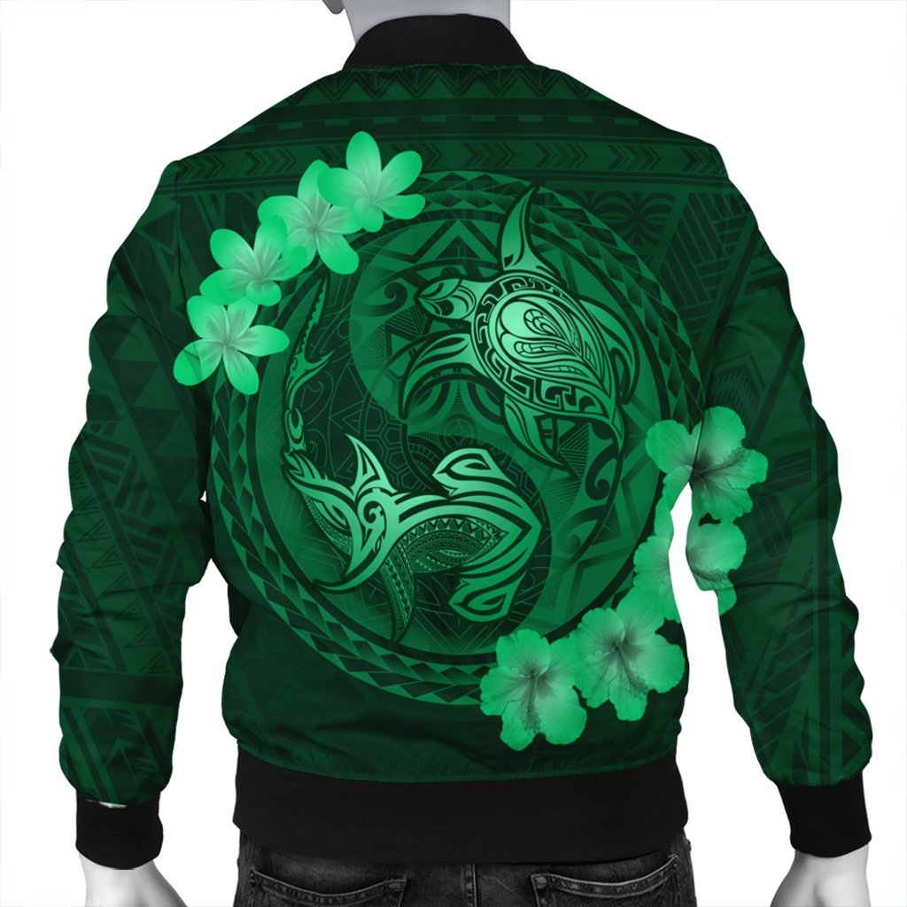 Hawaii Yin Yang Turtle Shark Hibiscus Plumeria Bomber Jacket - Green - AH - Polynesian Pride