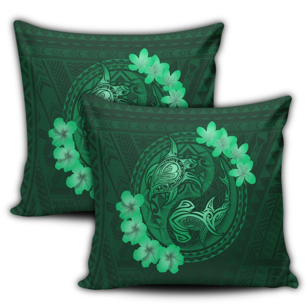 Hawaii Yin Yang Turtle Shark Hibiscus Plumeria Pillow Covers - Green - AH - Polynesian Pride
