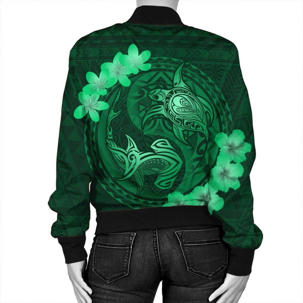 Hawaii Yin Yang Turtle Shark Hibiscus Plumeria Bomber Jacket - Green - AH - Polynesian Pride