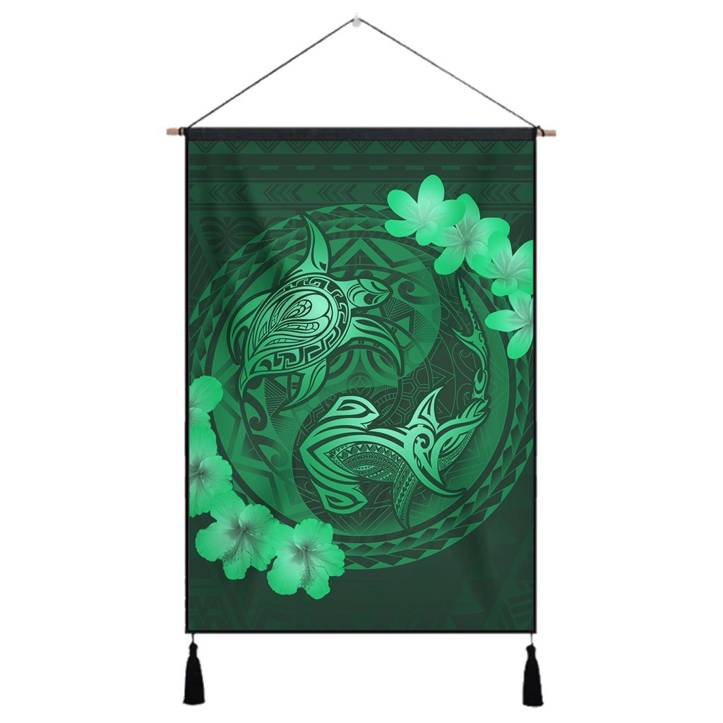 Hawaii Yin Yang Turtle Shark Hibiscus Plumeria Hanging Poster - Green - AH Hanging Poster Cotton And Linen - Polynesian Pride