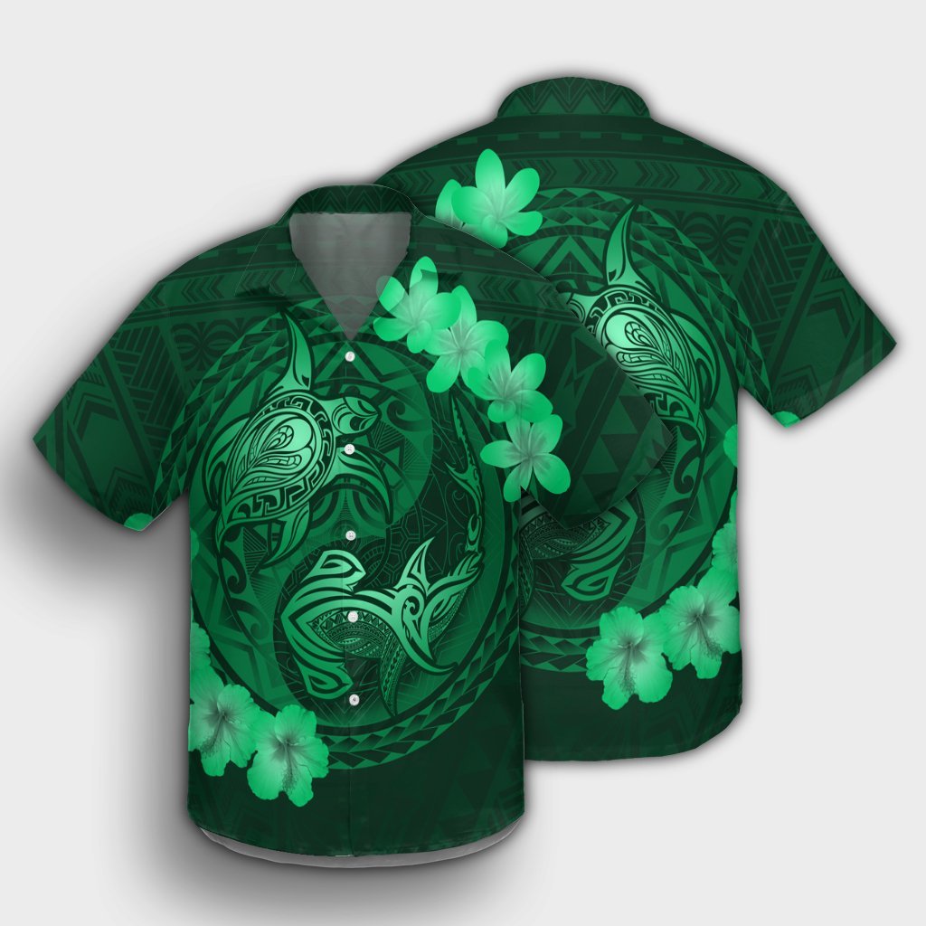 Hawaii Yin Yang Turtle Shark Hibiscus Plumeria Hawaiian Shirt - Green - AH - Polynesian Pride