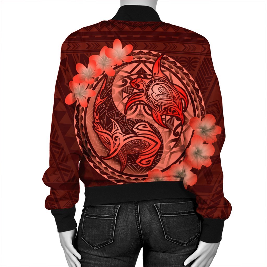 Hawaii Yin Yang Turtle Shark Hibiscus Plumeria Bomber Jacket - Orange - AH - Polynesian Pride
