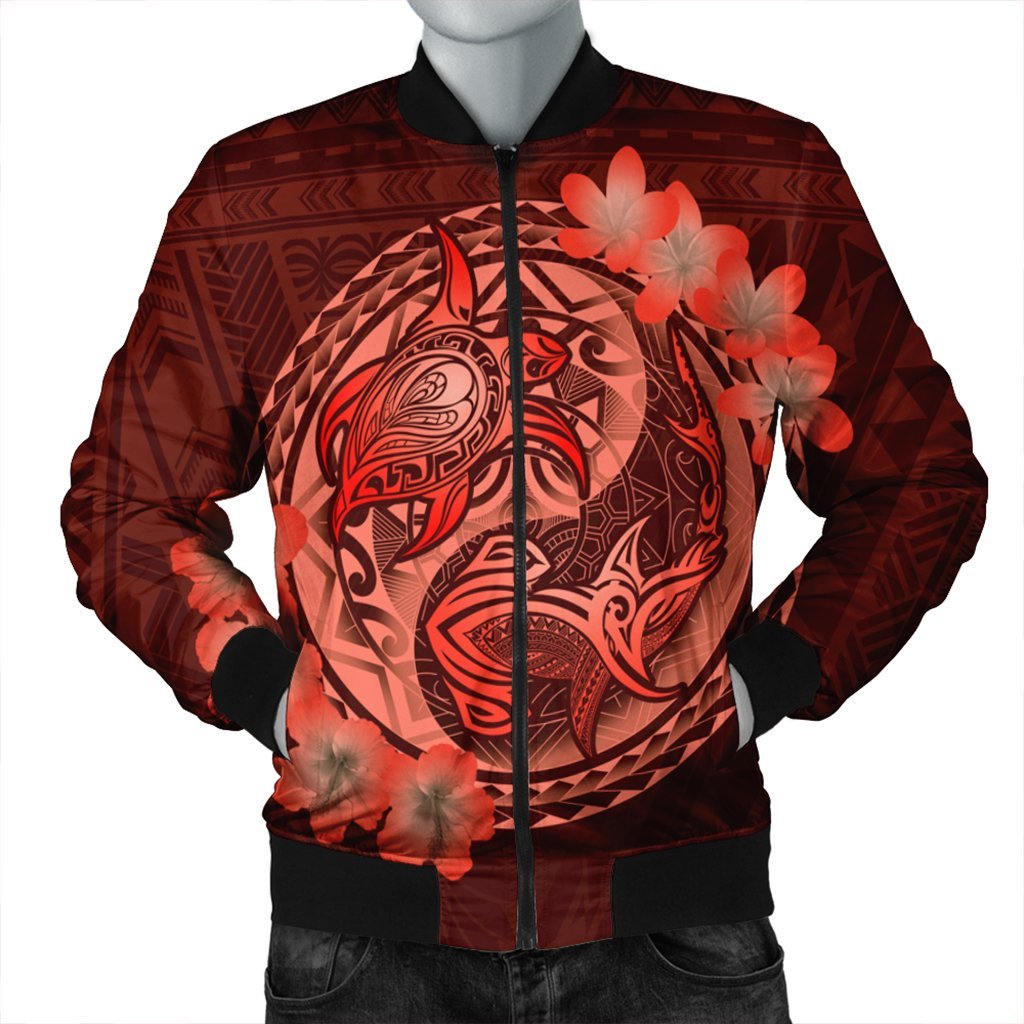 Hawaii Yin Yang Turtle Shark Hibiscus Plumeria Bomber Jacket - Orange - AH Black Unisex - Polynesian Pride