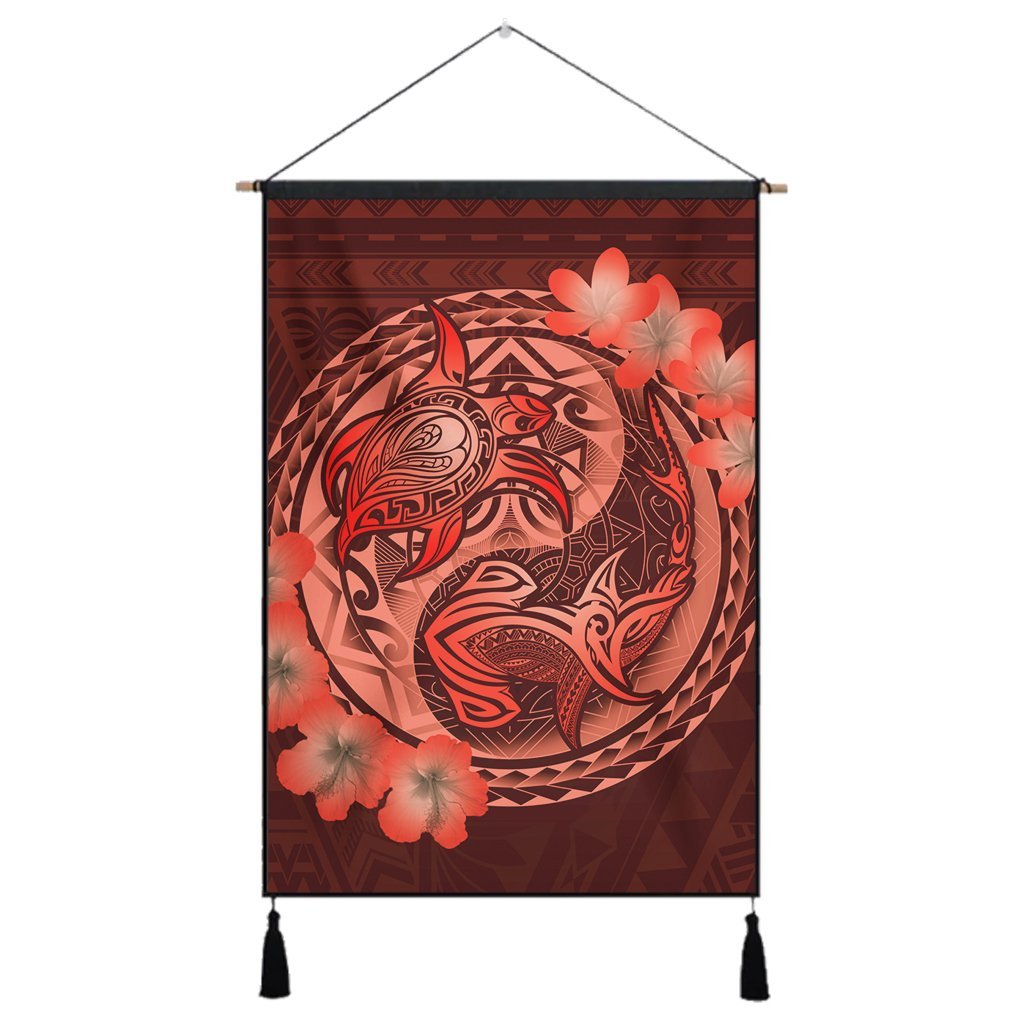 Hawaii Yin Yang Turtle Shark Hibiscus Plumeria Hanging Poster - Orange - AH Hanging Poster Cotton And Linen - Polynesian Pride