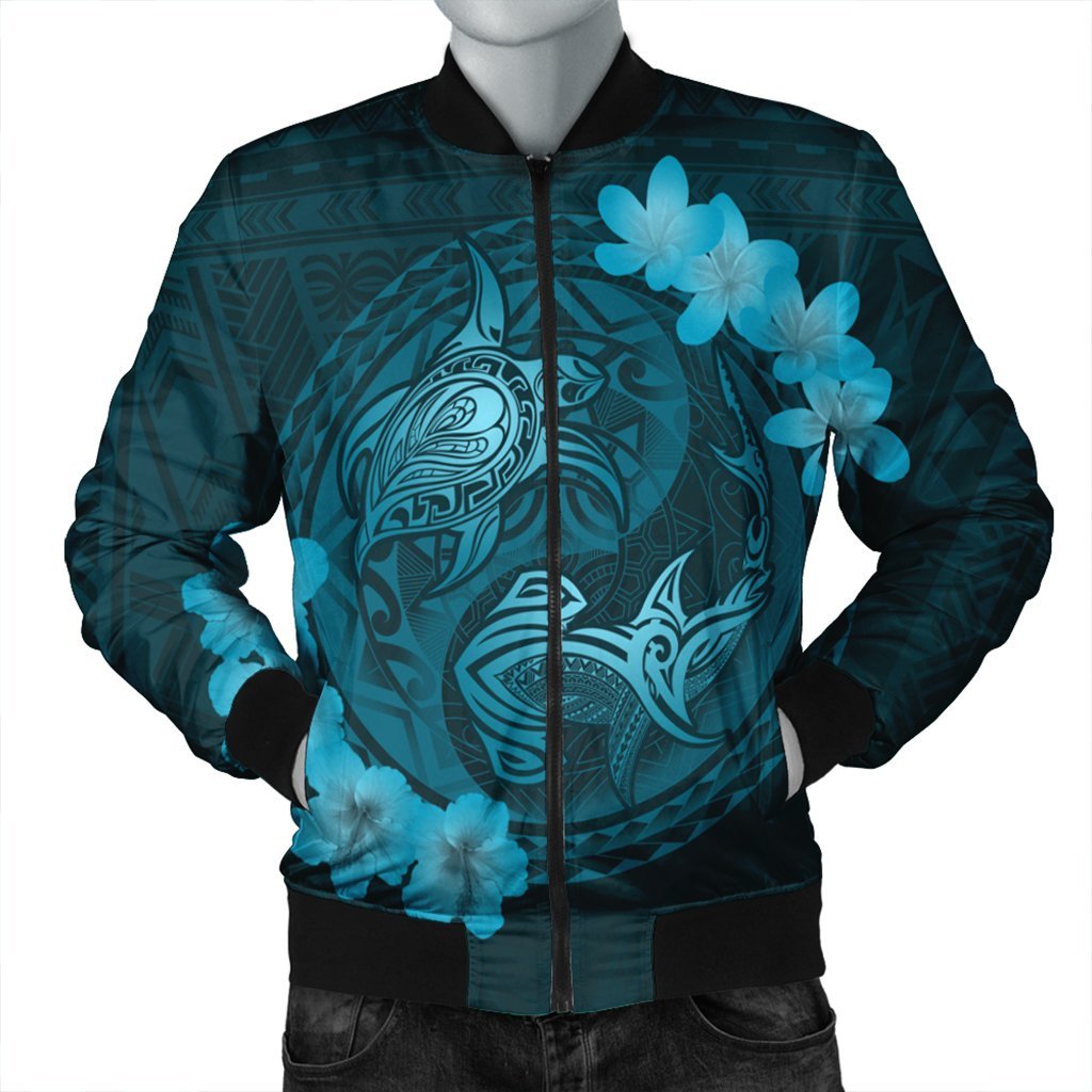 Hawaii Yin Yang Turtle Shark Hibiscus Plumeria Bomber Jacket - Pastel - AH Black Unisex - Polynesian Pride