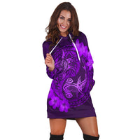 Hawaii Yin Yang Turtle Shark Hibiscus Plumeria Hoodie Dress - Purple - AH - Polynesian Pride