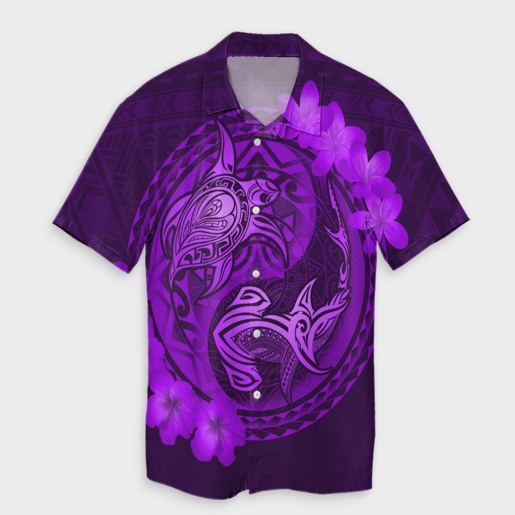Hawaii Yin Yang Turtle Shark Hibiscus Plumeria Hawaiian Shirt - Purple - AH Unisex Black - Polynesian Pride