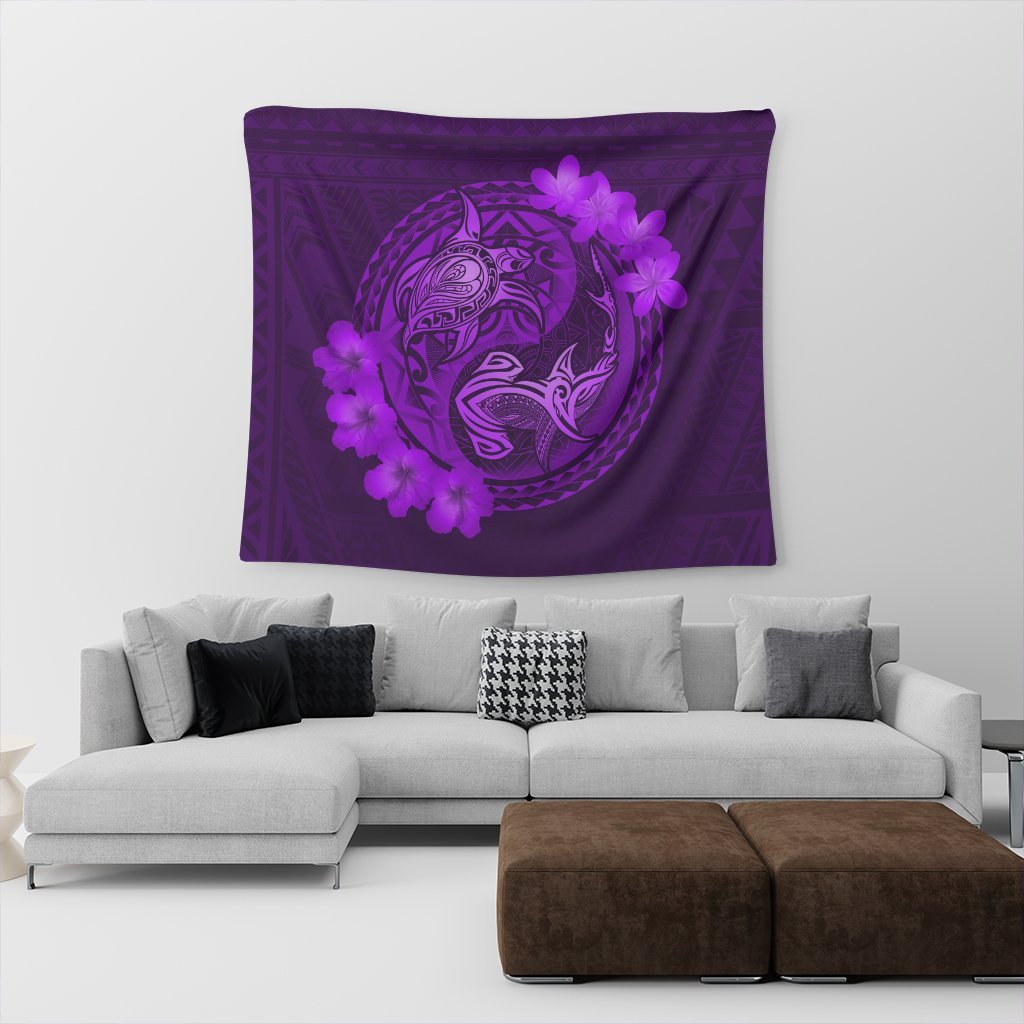 Hawaii Yin Yang Turtle Shark Hibiscus Plumeria Tapestry - Purple - AH - Polynesian Pride