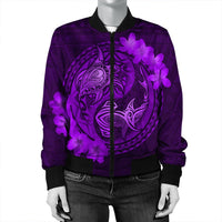 Hawaii Yin Yang Turtle Shark Hibiscus Plumeria Bomber Jacket - Purple - AH - Polynesian Pride