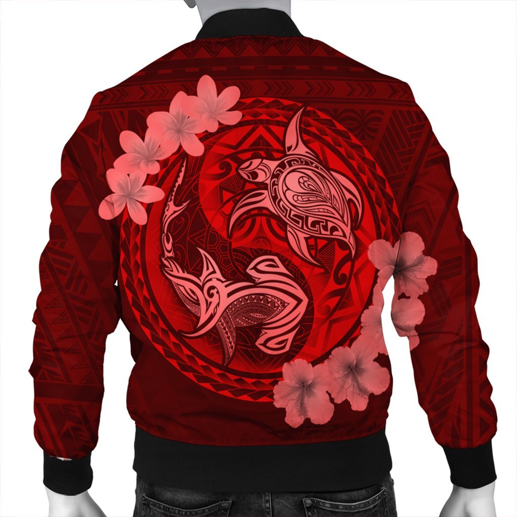 Hawaii Yin Yang Turtle Shark Hibiscus Plumeria Bomber Jacket - Red - AH - Polynesian Pride