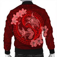 Hawaii Yin Yang Turtle Shark Hibiscus Plumeria Bomber Jacket - Red - AH - Polynesian Pride