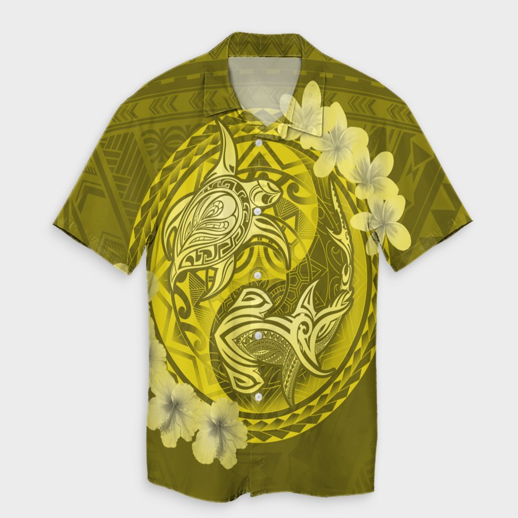Hawaii Yin Yang Turtle Shark Hibiscus Plumeria Hawaiian Shirt - Yellow - AH Unisex Black - Polynesian Pride