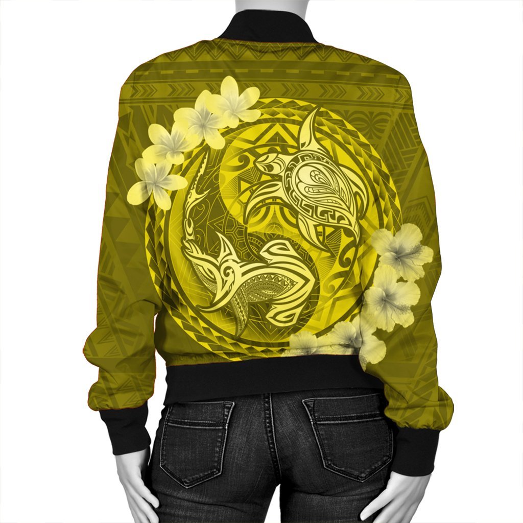 Hawaii Yin Yang Turtle Shark Hibiscus Plumeria Bomber Jacket - Yellow - AH - Polynesian Pride