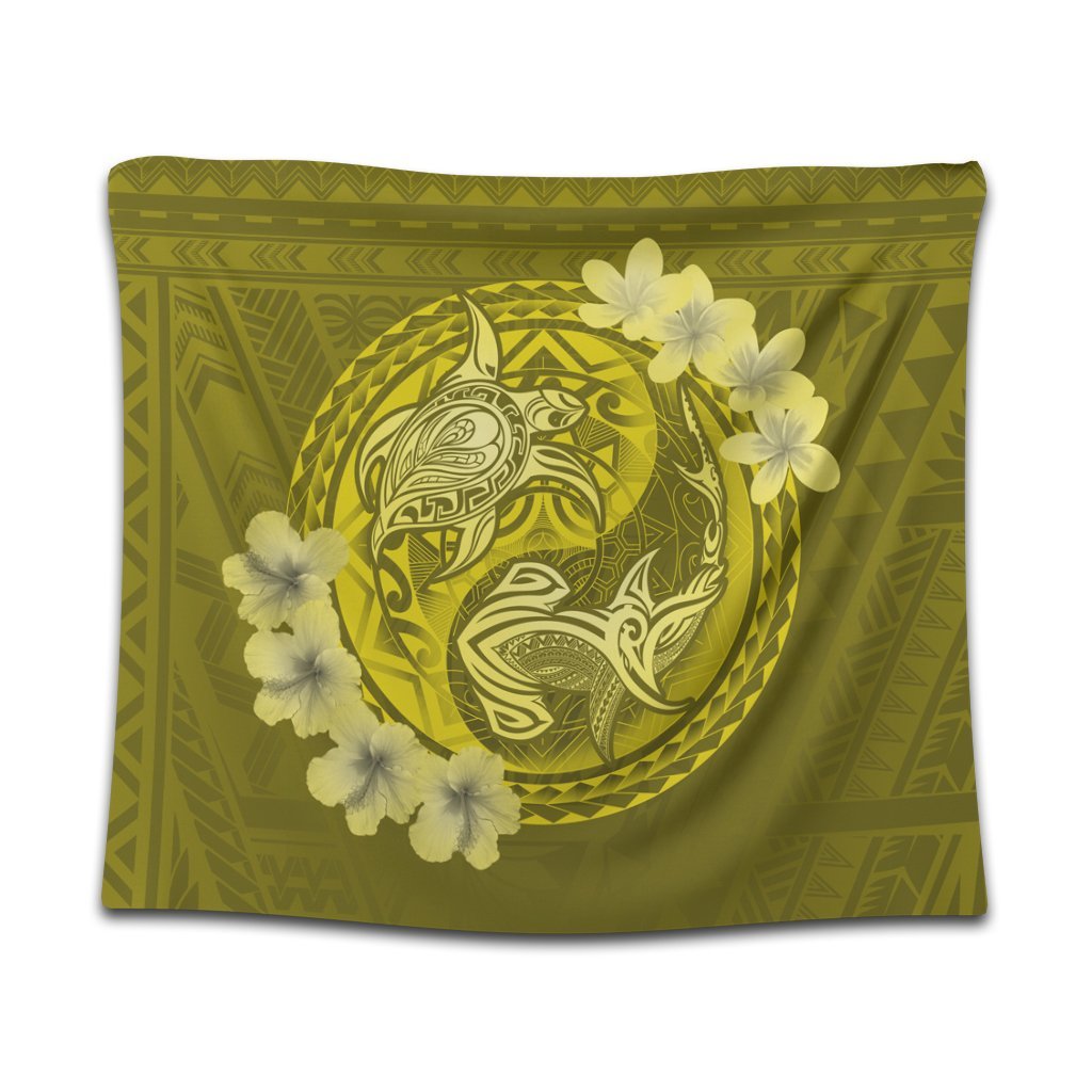 Hawaii Yin Yang Turtle Shark Hibiscus Plumeria Tapestry - Yellow - AH Wall Tapestry Black - Polynesian Pride
