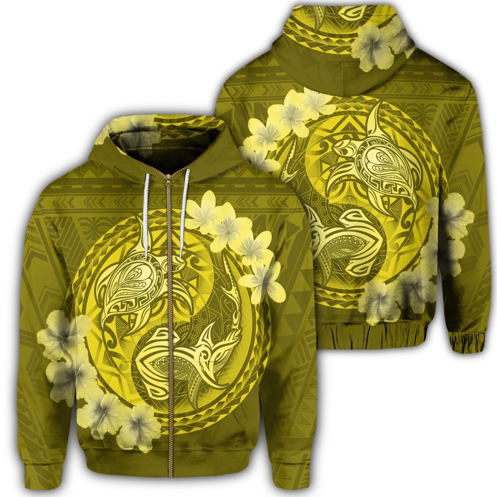 Hawaii Yin Yang Turtle Shark Hibiscus Plumeria Zip Hoodie Yellow Unisex Art - Polynesian Pride