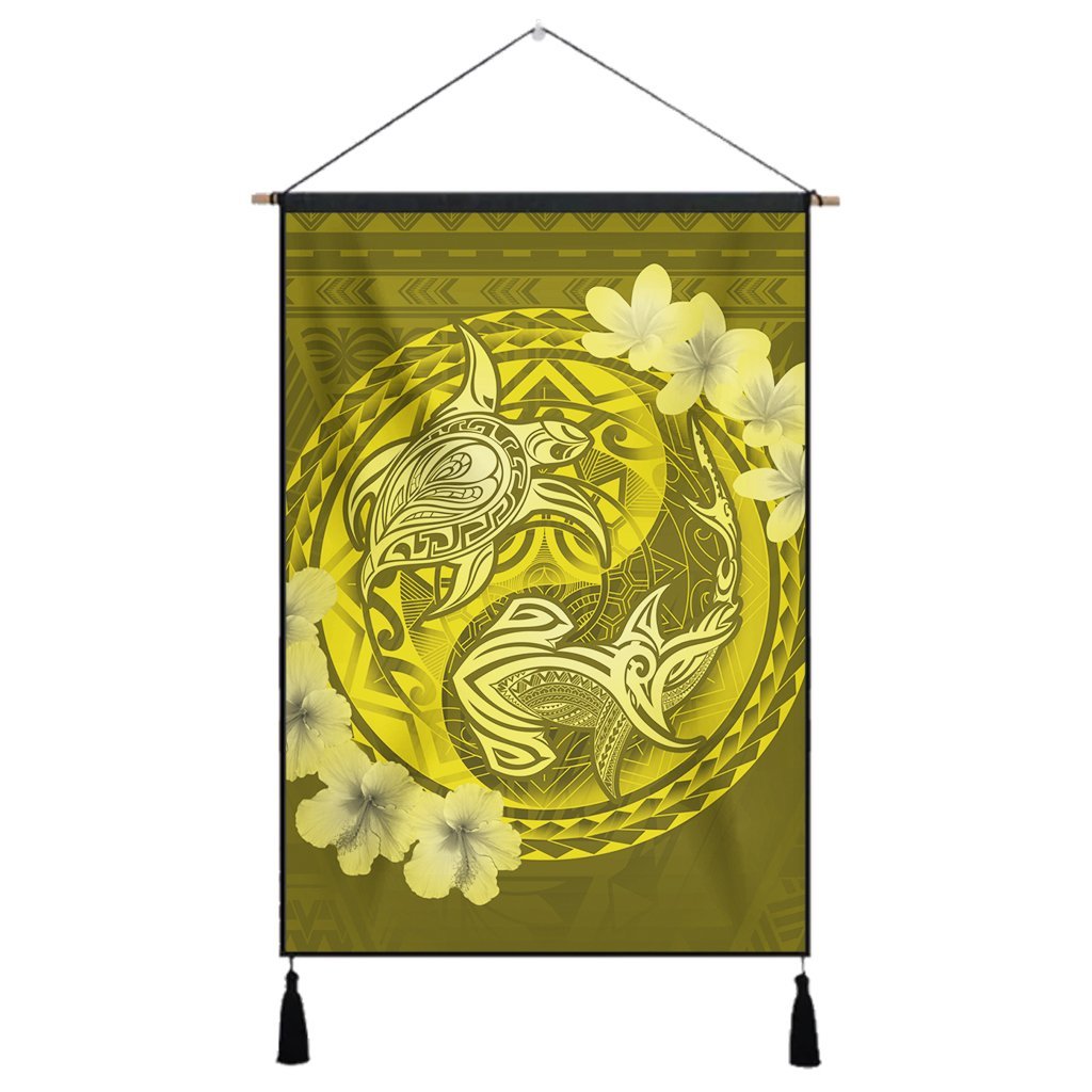 Hawaii Yin Yang Turtle Shark Hibiscus Plumeria Hanging Poster - Yellow - AH Hanging Poster Cotton And Linen - Polynesian Pride