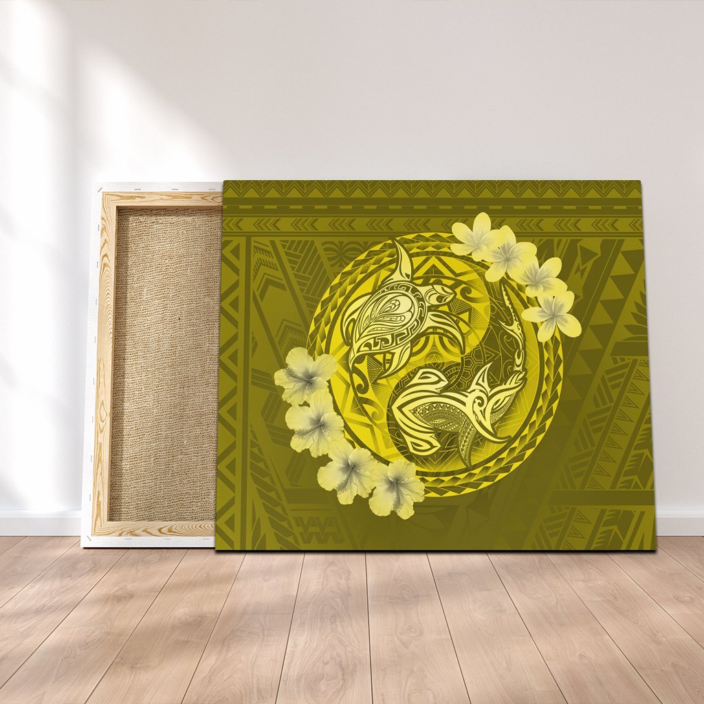 Hawaii Yin Yang Turtle Shark Hibiscus Plumeria Canvas - Yellow - AH Canvas Poly-cotton - Polynesian Pride