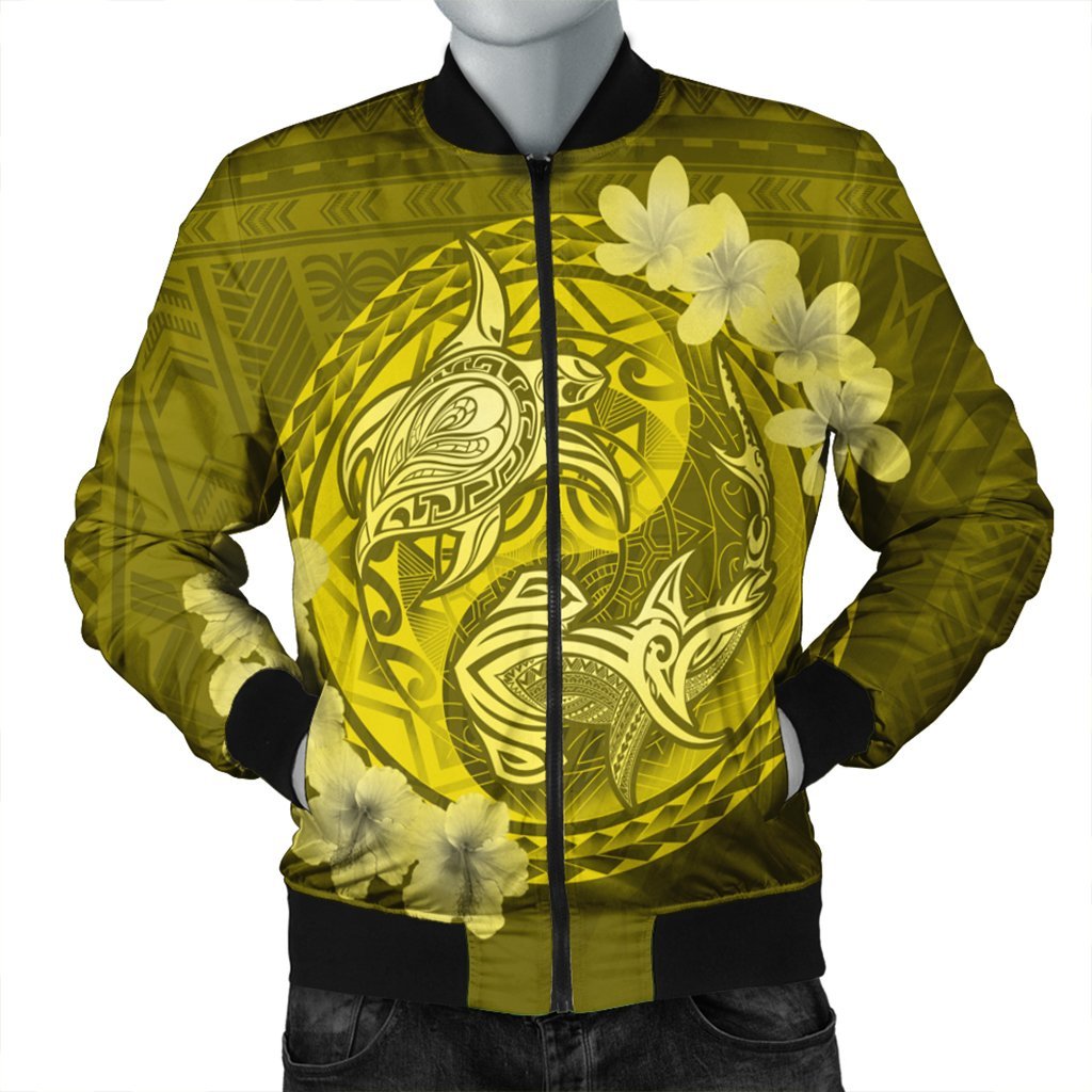 Hawaii Yin Yang Turtle Shark Hibiscus Plumeria Bomber Jacket - Yellow - AH Black Unisex - Polynesian Pride