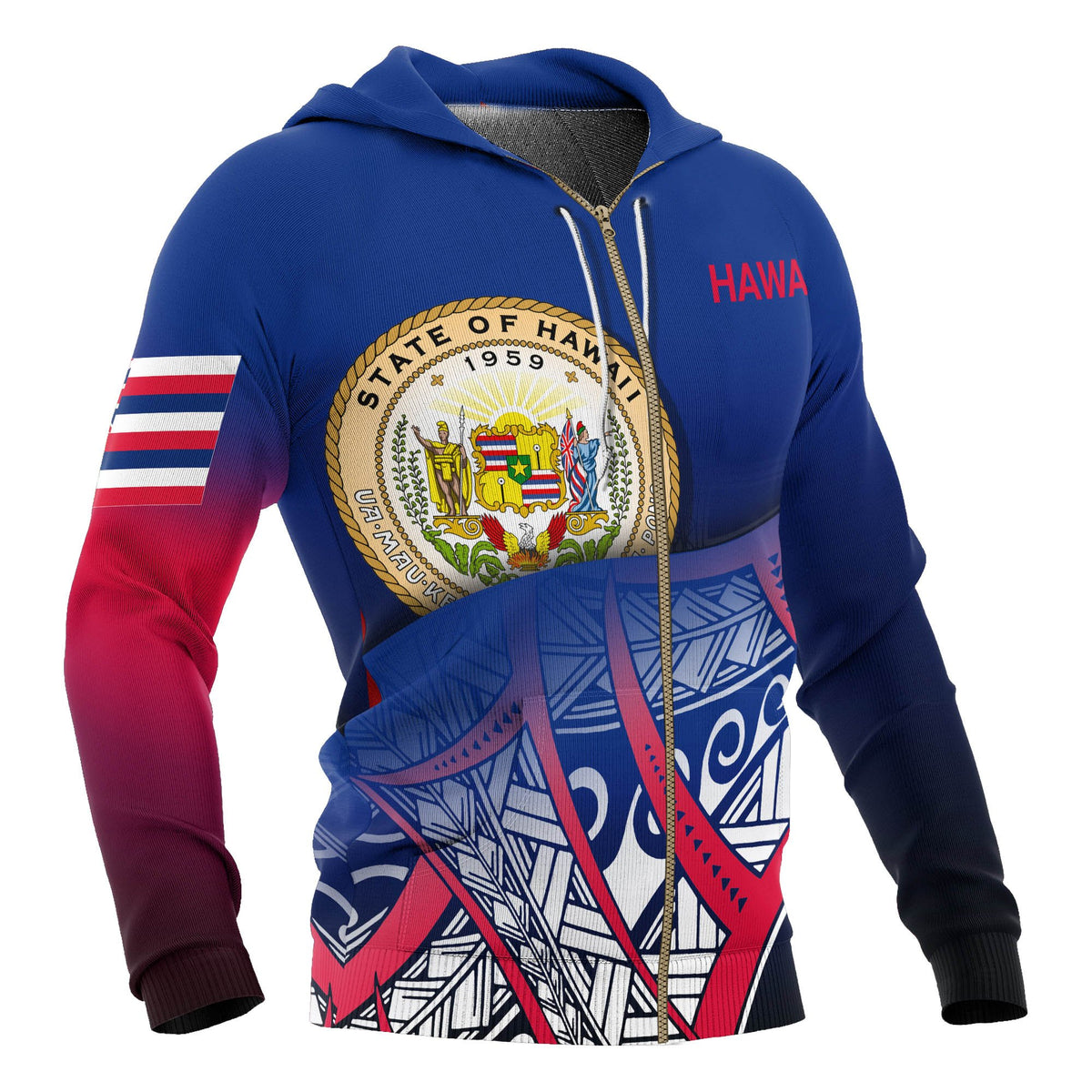 Hawaii Coat of Arms Zip up Hoodie Polynesian Pattern - Polynesian Pride