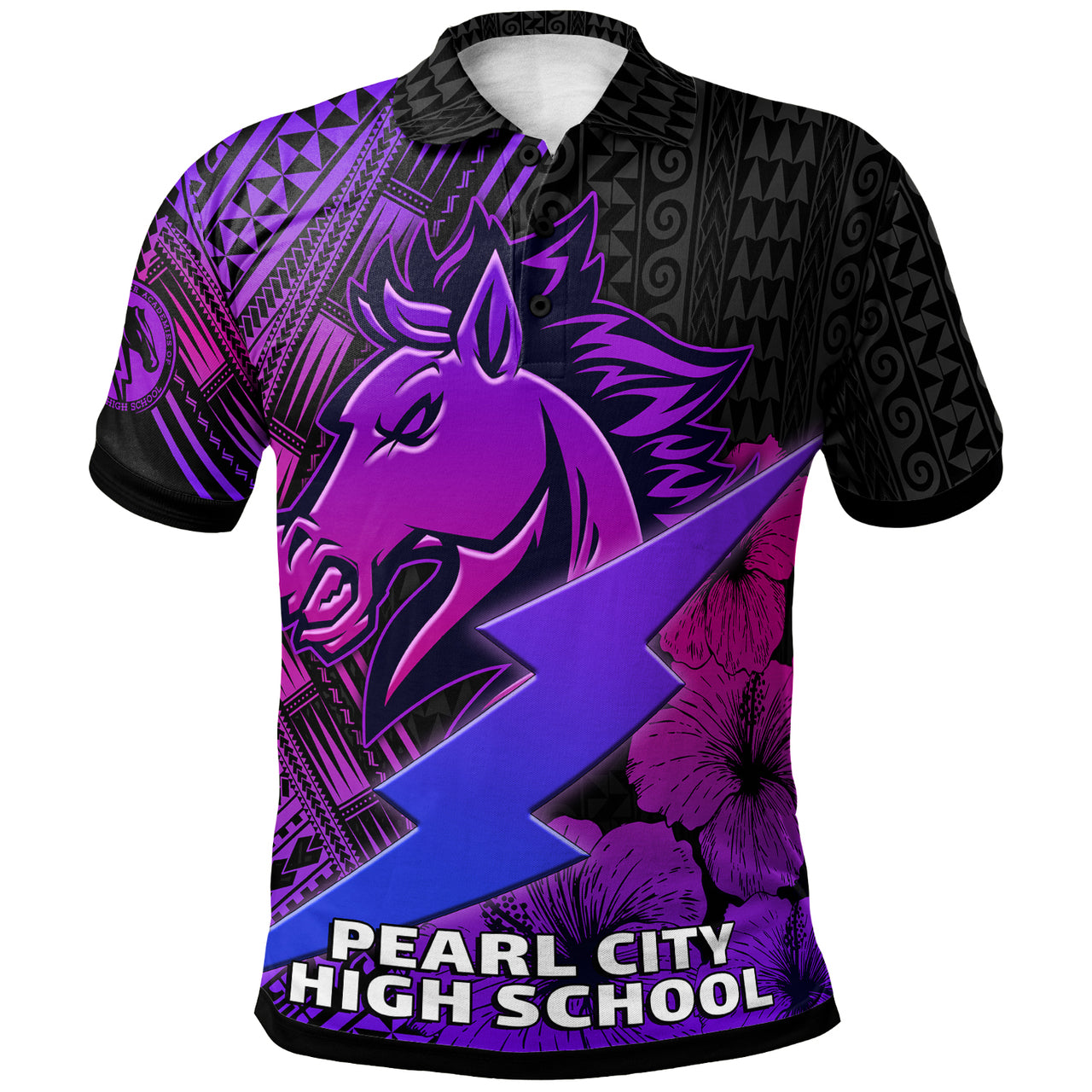 Hawaii Custom Polo Shirt Pearl City High School Horse and Thunder Hibiscus Polynesian LT10 Purple - Polynesian Pride