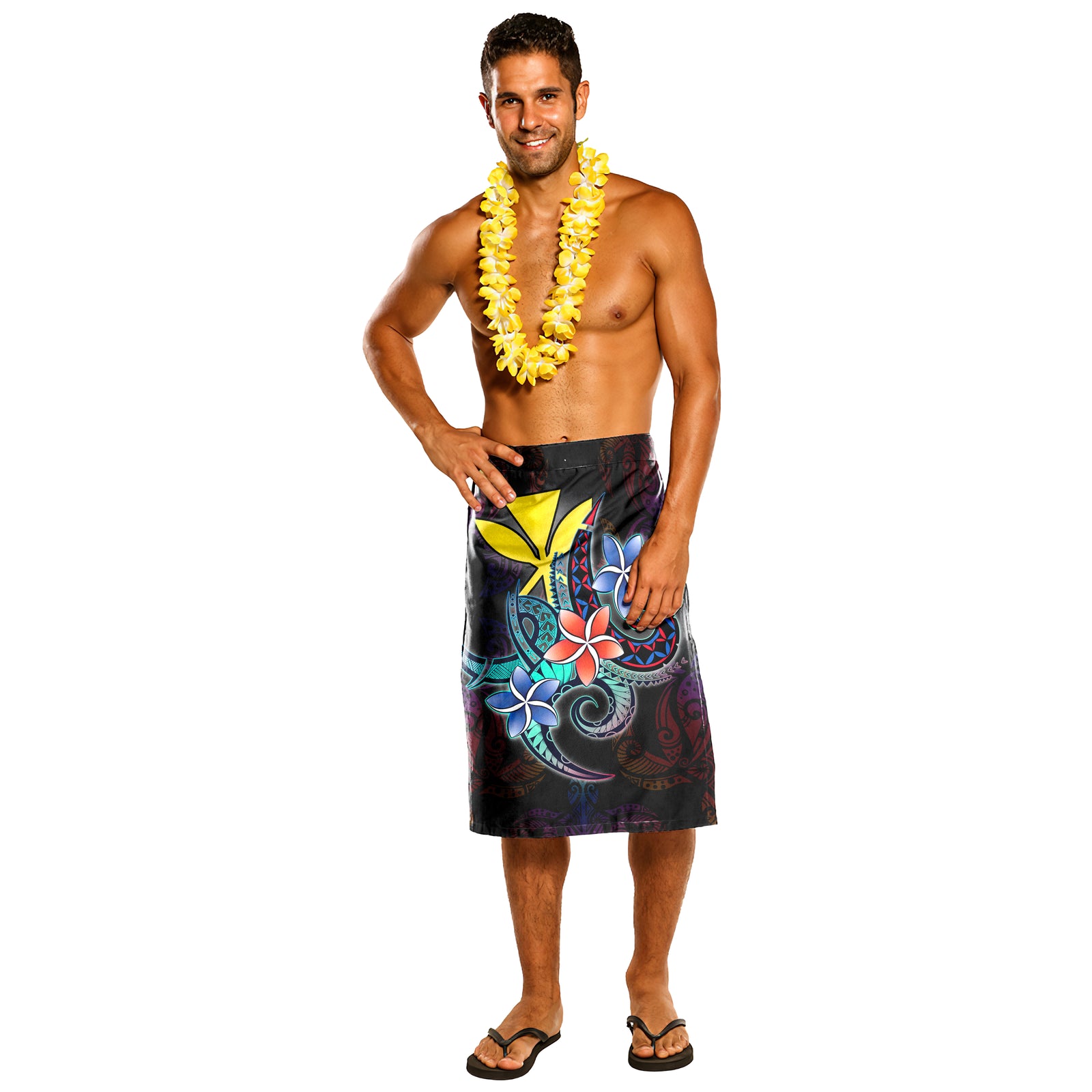 Hawaii Lavalava - Plumeria Flowers Turtle Rainbow Style One Size Black - Polynesian Pride