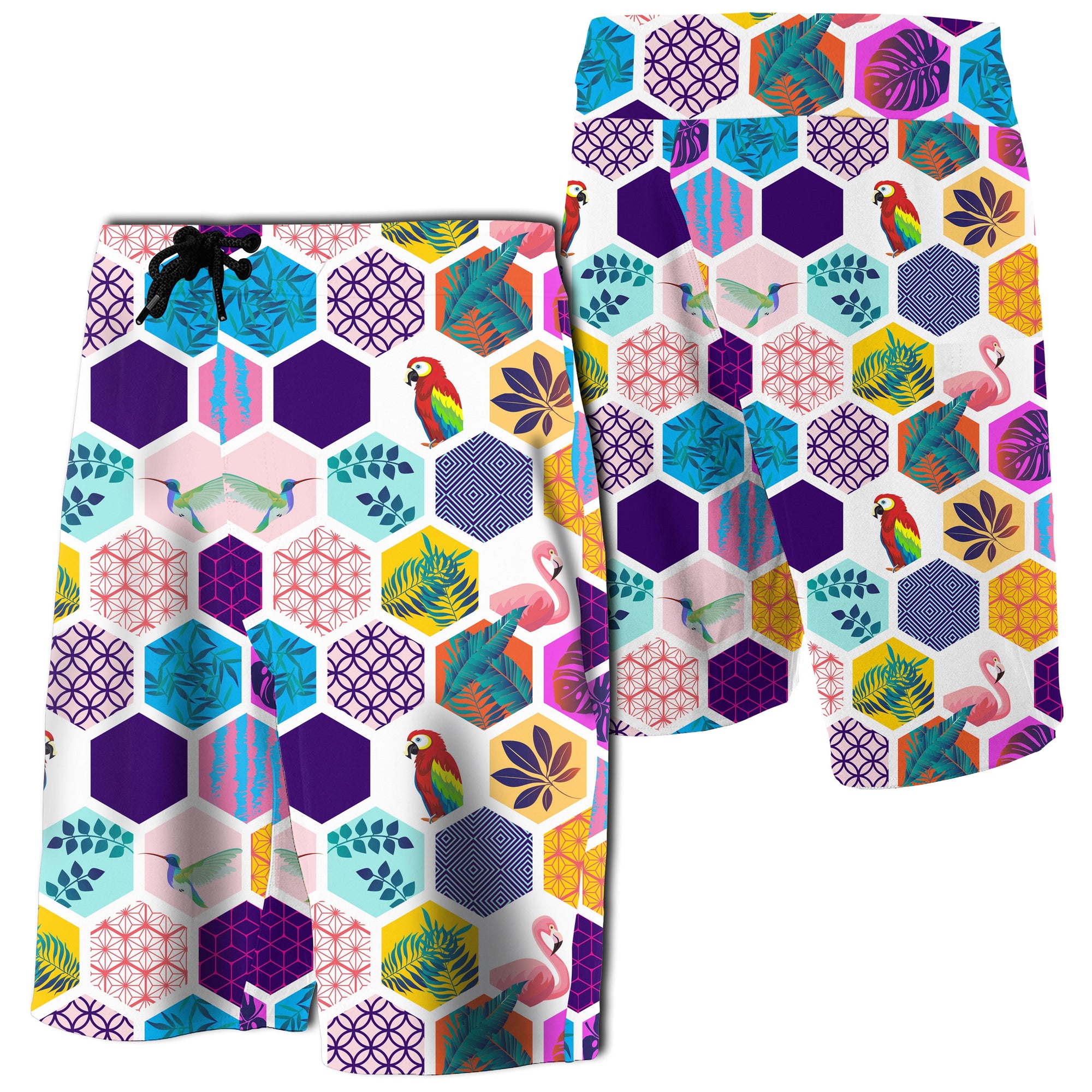 Hawaii Parrot Toucans Hummingbird Flamingo Tropica Board Shorts Men White - Polynesian Pride