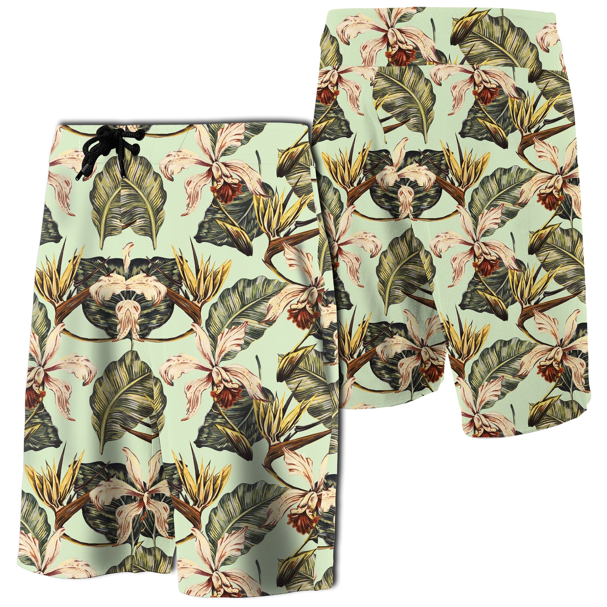 Hawaii Vintage Tropical Jungle Leaves Orchid Bird Board Shorts Men White - Polynesian Pride