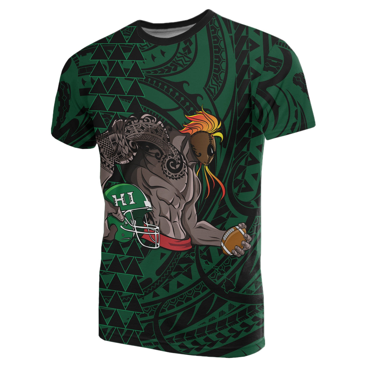 Polynesian Kakau Green Hawaii Warrior Football T Shirt - Polynesian Pride