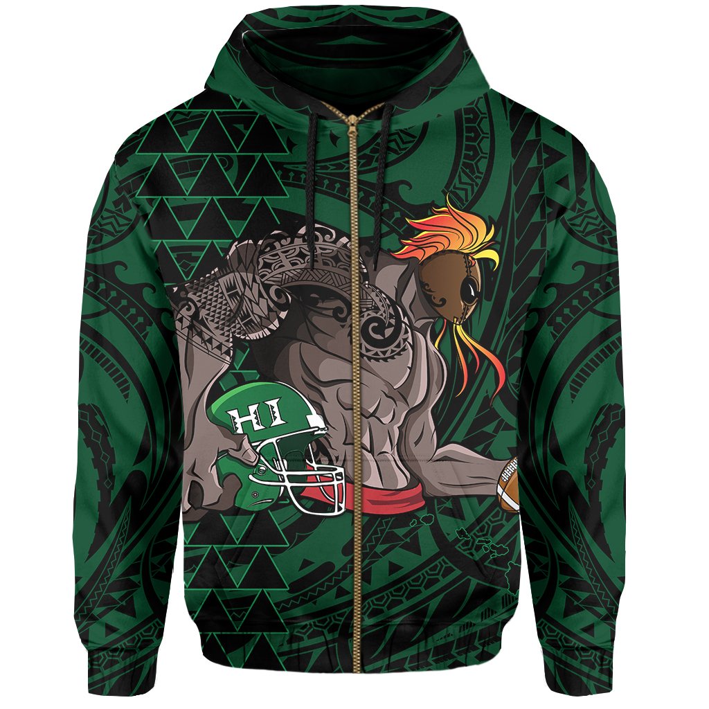 Kakau Green Hawaii Warrior Football Hoodie (Zip) - Polynesian Pride