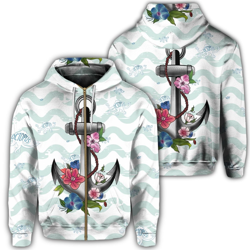 Hawaiian Anchor Hibiscus Wave Zip Hoodie Unisex Art - Polynesian Pride