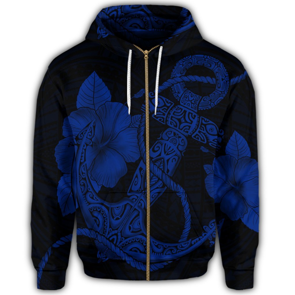 Hawaiian Anchor Poly Tribal Hibiscus Polynesian Zip Hoodie Blue - Polynesian Pride