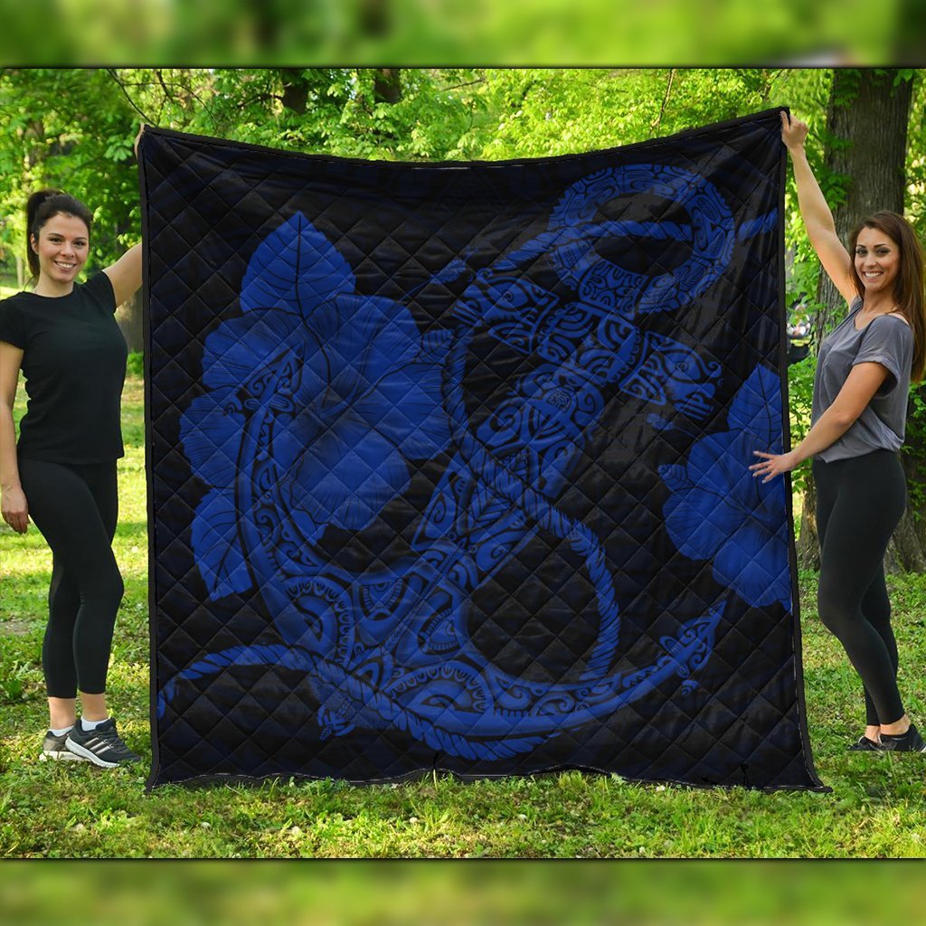 Hawaiian Anchor Poly Tribal Hibiscus Polynesian Premium Quilts Blue - AH Black - Polynesian Pride