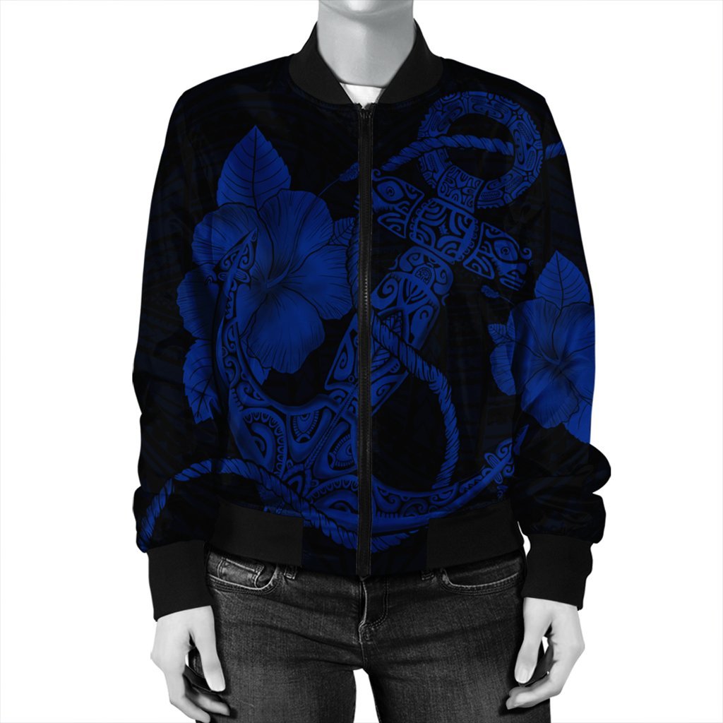 Hawaiian Anchor Poly Tribal Hibiscus Polynesian Bomber Jacket Blue - AH - Polynesian Pride