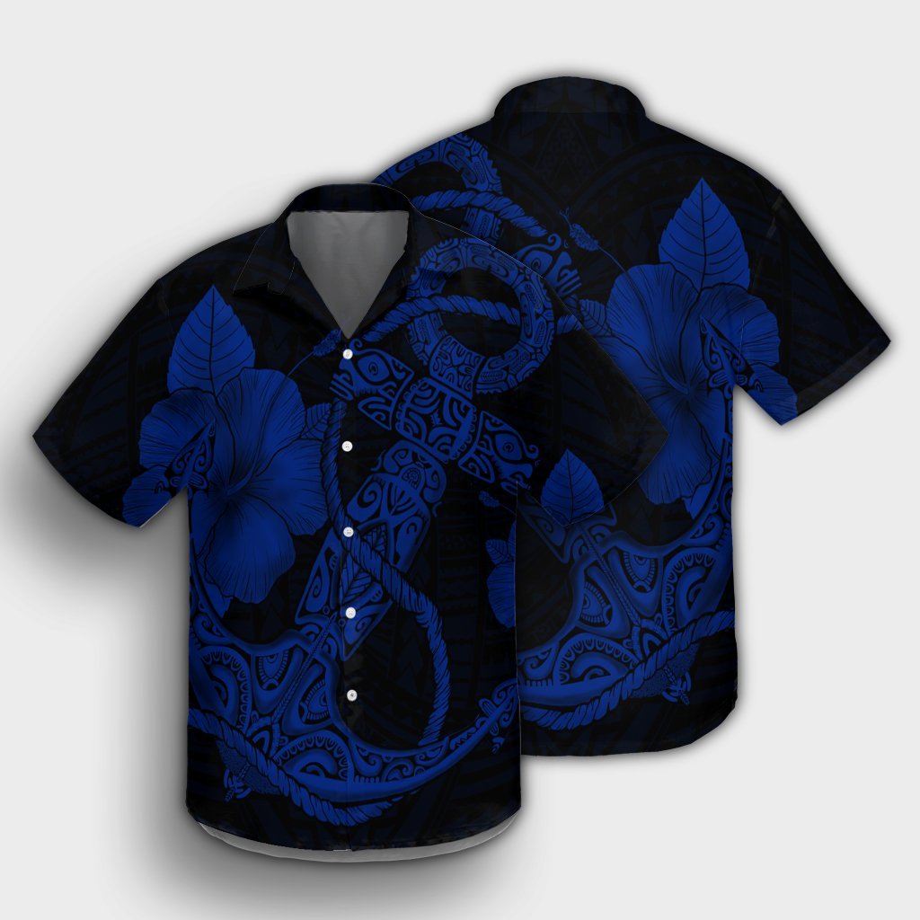Hawaiian Anchor Poly Tribal Hibiscus Polynesian Hawaiian Shirt Blue - AH - Polynesian Pride