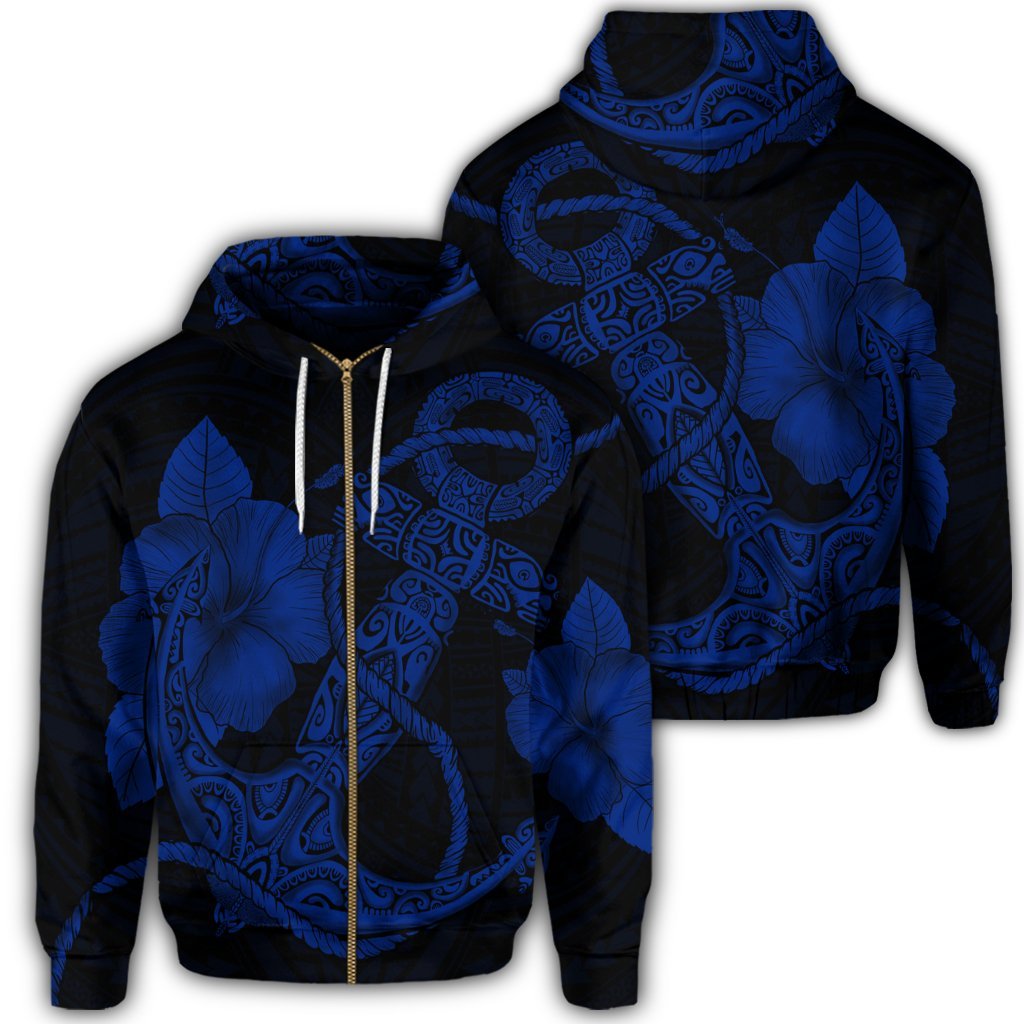 Hawaiian Anchor Poly Tribal Hibiscus Polynesian Zip Hoodie Blue Unisex Art - Polynesian Pride