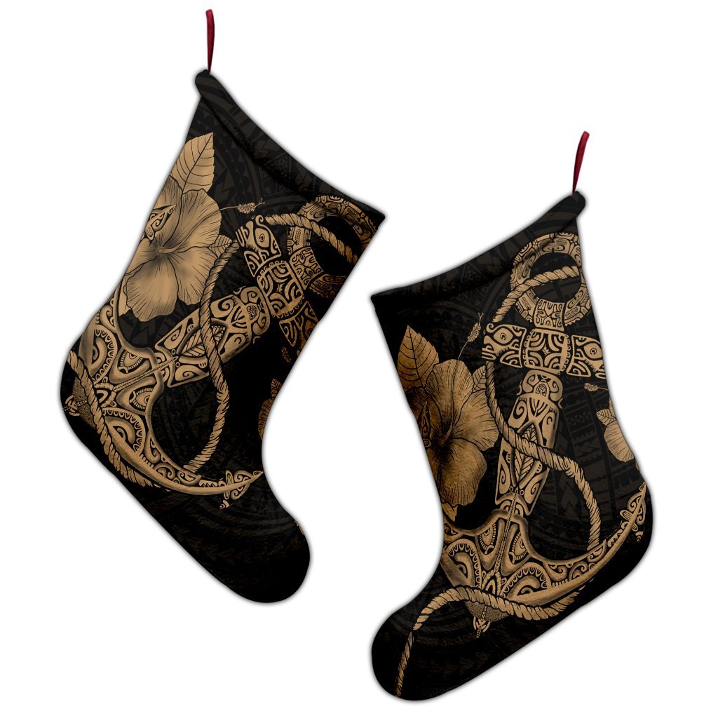 Hawaiian Anchor Poly Tribal Hibiscus Polynesian Christmas Stocking Gold - AH - Polynesian Pride