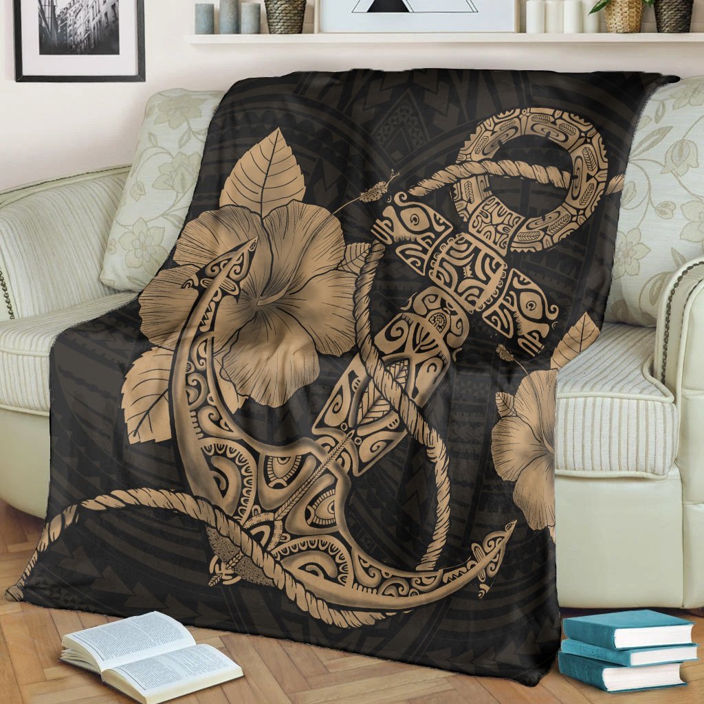 Hawaiian Anchor Poly Tribal Hibiscus Polynesian Premium Blankets Gold - AH - Polynesian Pride